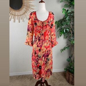 Vtg Y2K WANTED brand size L midi dress babydoll neckline 3/4 flared Ruffle